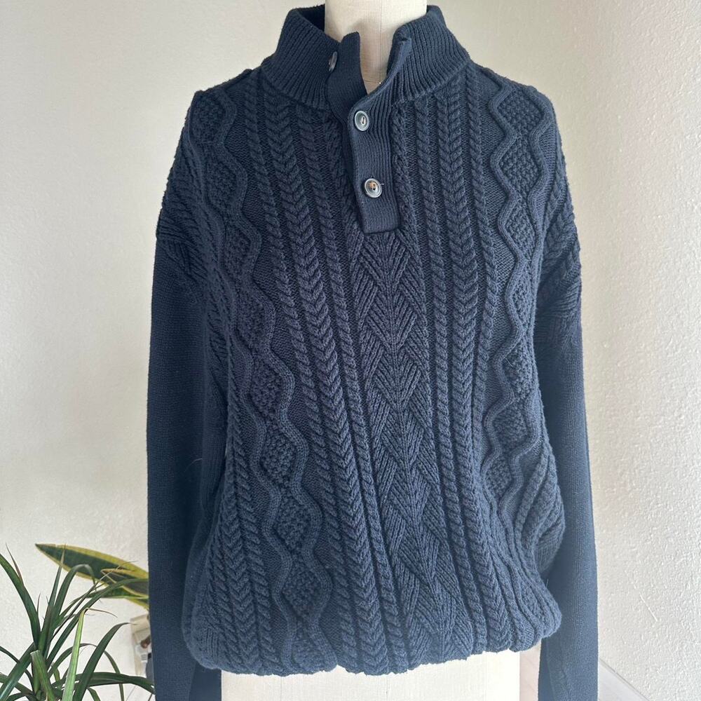Chaps Men’s XL Sweater Black Cotton Cable Knit Sweater, 1/4 Button Pullover